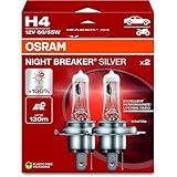 OSRAM NIGHT BREAKER SILVER H4, +100% mehr Helligkeit, Halogen-Scheinwerferlampe, 64193NBS-2HB, 12V Pkw, Hängebox (2 Lampen)