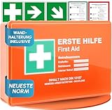 Erste Hilfe Kasten nach neuer DIN 13157:2021 inkl. Wandhalterung & Aufklebern|Universal Erste Hilfe Koffer für Betrieb, Haushalt oder Gastronomie - Büro Verbandskasten gefüllt, Sanikasten