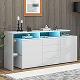 DUlVBPE Kommode, Sideboard mit LED, Wohnzimmermöbel in Weiß Hochglanz, Wohnzimmerschrank, Standschrank, TV-Schrank, Wohnzimmerwand, Highboard, Mehrzweckschrank, LED-Vitrine, Buffetschrank Esszimmer