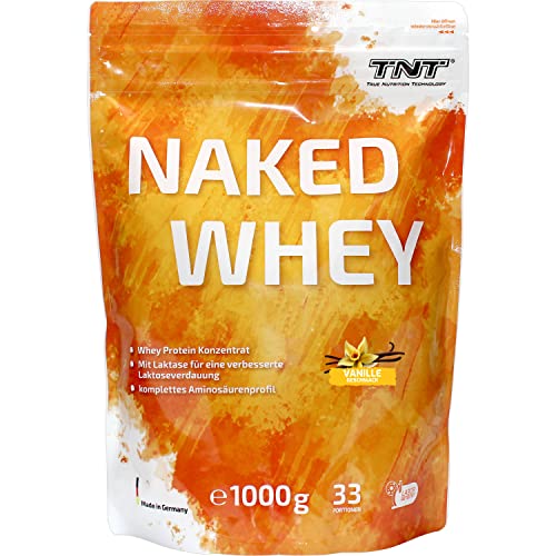 TNT Naked Whey Protein Pulver (1kg) • Eiweißpulver mit Laktase für Protein Shake, Backen & Kochen • Tolle Löslichkeit & leckerer Geschmack (Vanilla)
