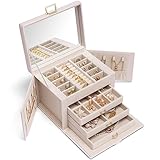 Vlando Schmuckkästchen Schmuckkasten Groß mit 4 Ebenen, Schmuckschatulle PU Leder, Schmuckbox mit Spiegel und Schubladen, Schmuck Organizers, Innenfutter aus Samt, Beige