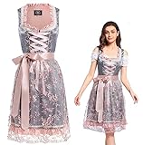 VKI Midi Dirndl Damen Kleid mit Spitzenschürze, Bayerische Tracht Oktoberfest Damen Outfit, Grau/Rose