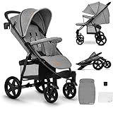 LIONELO Annet Plus Buggy bis 22 kg mit Liegefunktion, Kinderwagen klein zusammenklappbar mit Zubehör, Eva-Schaum-Räder, Moskitonetz, Fußdecke Getränkehalter, Korb Grau