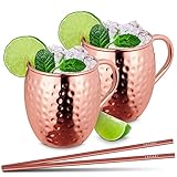 Moscow Mule Becher | Kupferbecher 470ml von LACARI | 2x Kupferbecher & 2x Strohhalme | Moscow Mule Becher 2er Set | Cocktail Bar Geschenk | Inkl. Moscow Mule E-Book