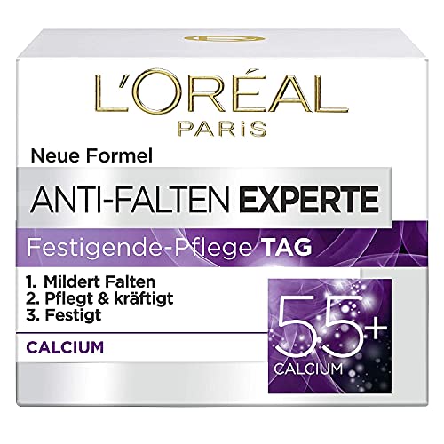 L'Oréal Paris Feuchtigkeitspflege für das Gesicht, Feuchtigkeitspendende Anti-Aging Tagescreme mit Calcium zur Minderung von Falten, Anti-Falten Experte 55+, 1 x 50 ml