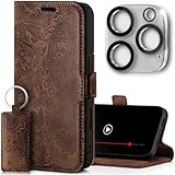 SURAZO Slim Magnet Handyhülle für Apple iPhone 16 Pro Hülle Leder - Klappbar Echtleder Schutzhülle [mit Kartenfach, RFID Schutz, Kameraschutz] [Muster] Klapphülle Wallet Case Cover Lederhülle (Braun)
