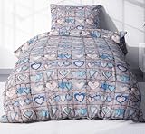 Heubergshop 2-teilige Seersucker Bettwäsche 155x220cm und 80x80cm - Landhaus Love Liebe Herzen - Bettgarnitur aus 100% Baumwolle, bügelfrei (EW-358-2)