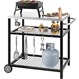 WEASHUME Edelstahl-Grillwagen, Pizzaofenständer, Trolley-Tisch mit Rollen, Pizza-Wagen, 3 Fächer, beweglich, Lebensmittelzubereitung, Arbeit, Esstisch mit doppelter Ablage, strapazierfähig, Outdoor