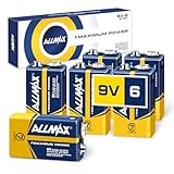 Allmax 9V Maximum Power Alkaline-Batterien (6 Stück) - Ultra-langlebig, 7 Jahre Haltbarkeit, auslaufsicheres Design - perfekt für Rauchmelder und kabellose Mikrofone (9 Volt)