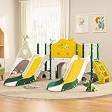 Kinderrutsche 7 in 1 mit Schieber, Teleskop, Klettern, Stauraum und Tunnel, Spielplatz für drinnen und draußen, Rutsche aus Kunststoff, Grün und Gelb
