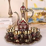 Türkische Vintage-Kaffeekanne mit Tablett und 6 Tassen, Retro-Kaffeekanne, Tassen-Set, exquisites Weintopf-Set, dekoratives Vintage-Teeservice-Set für Zuhause, Party, Dekor (Retro-Rot)