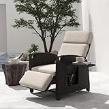 UDPATIO Liegesessel mit Sitzkissen Gartensessel Wetterfest 150° Verstellbare, Rückenlehne Rattan Sonnenliege mit Beistelltisch für Innen, Außeneinsatz- Beige Sitzkissen & Dunkelbraun Rattan