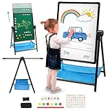 Kinder Staffelei doppelseitige Eisen Staffelei höhenverstellbar Zeichenbrett verstellbarer Ständer 360° drehbare Staffelei Whiteboard und Kreidetafel für Kinder Jungen Mädchen ab 3 Jahren (Schwarz)