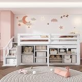 Kinderbett Einzelbett 90x200, Hochbett mit Stauschrank, Bücherregal, Schreibtisch und Treppe, Holzbett Stauraumbett Funktionsbett Etagenbett Stockbett Jugendbett mit Lattenrost, Ohne Matratze, Weiß