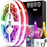 Tenmiro LED Strip 30m(15m×2), RGB LED Streifen Musik Sync Selbstklebend Led Lichterkette mit Fernbedienung und APP, Dimmbar Farbwechselnd Timer Led Band für Gaming,Party,Zimmer Deko