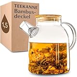 Cosumy Teekanne Glas 1,5 Liter mit Deckel aus Bambus - Filter im Auslauf - Für heiße und kalte Getränke - Spülmaschinenfest, Transparent