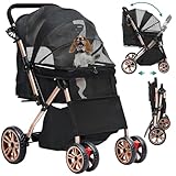 YITAHOME Faltbarer Hundebuggy für kleine Hunde, Haustierbuggy mit umkehrbarem Griff, Netzfenstern, Getränkehalter, 360° drehbare EVA-Räder mit Bremsen (Schwarz)