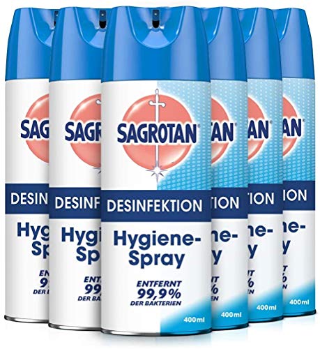 Sagrotan Hygiene-Spray (Aerosol) Desinfektionsspray (für Textilien und Oberflächen im Haushalt, Sprühflasche im praktischen Vorteilspack) 6 x 400 ml