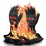 SPGOOD Grillhandschuhe hitzebeständig Grillhandschuh 800 Grad feuerfeste Handschuhe Kochhandschuhe Backhandschuhe für Küche & Grill BBQ Ofenhandschuhe,Schwarz（L/XXL）