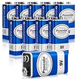 9 Volt Blockbatterie, 10 Stück 9volt Batterien 9V Batterie Block Longlife Power Blockbatterien für Rauchmelder, Brandmelder, Alarmsensoren, Elektronik und Audio, Mikrofon
