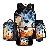Xoenoiee 43,2 cm großer Rucksack + Thermo-Lunch-Tasche + Wasserflaschenträger 4-teiliges Set, Schulbedarf, Bälle-Muster, Feuer- und Wasserfußball, Einheitsgröße, Schulranzen-Set
