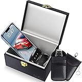 Samfolk Keyless Go Schutz Autoschlüssel Box & 2 Faraday Bag, Faraday Box Strahlenschutz Keyless Go Schutz Box Leder Schwarz (Black, Large)