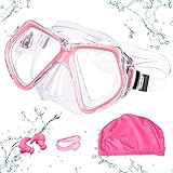 MengQiLe Taucherbrille für Erwachsene, Anti-Beschlag-Schwimmbrille, 180°-Ansicht, Schnorchel-Set mit Nasenklammer, Ohrstöpsel, Badekappe Schwimmbrille (Rosa)