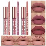 6 Stück Matt Lippenstift & Lip Liner Set, Velvety Nude Lipstick, Stay On 24 Hours Waterproof Non-Stick Cup Not Fade Liquid Lipstick, Lip Liner Lip Gloss Make Up Gift Set (Set C)