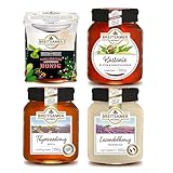 Breitsamer Honig 4er Mix - Tasmanischer Leatherwood 350g, Thymian, Lavendel, Kastanien Honig 500g - Geschenk, Probierset, Giveaway - Insgesamt 4 Sorten