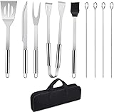 Grillbesteck BBQ Grillzubehör, 9 PCS Grill Werkzeugset Edelstahl Barbecue-Utensilien, BBQ Grillen Kochwerkzeug Kit-Schaber, Pinsel, Fleischmesser, Spieße Zubehör für Outdoor Familien Garten Party