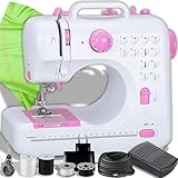 Retoo Nähmaschine Mini und LED Licht für Kinder und Anfänger 12 Stichmuster Elektronische Profi Haushaltsnähmaschine mit Fußpedal Sewing Machine Strom und Batteriebetrieb Freiarm Weiß/Rosa