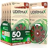 50 Batterien für Hörgeräte Größe 312 Udirmax PR41 Braun Zink-Luft mit Dynamic Sonar Technologie Öko-Pack - 5 umweltfreundliche Blisterpackungen mit 10 Hörgerätebatterien