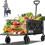 Overmont Klappbar Bollerwagen mit Faltbarer Heckklappe - Alle Gelände Räder - 100L mit Seitentaschen Getränkehalter Verstellbarem Griff - bis 100 kg Tragkraft Schwarz