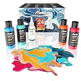 ABEIER Pouring Acrylfarbe, 60ml Flaschen, 24 Farben und Silikonöl (30ml), vorgemischt, High Flow, Glanzfinish, Farbe zum Gießen auf Leinwand, Glas, Papier, Holz, Fliesen, Steine und mehr