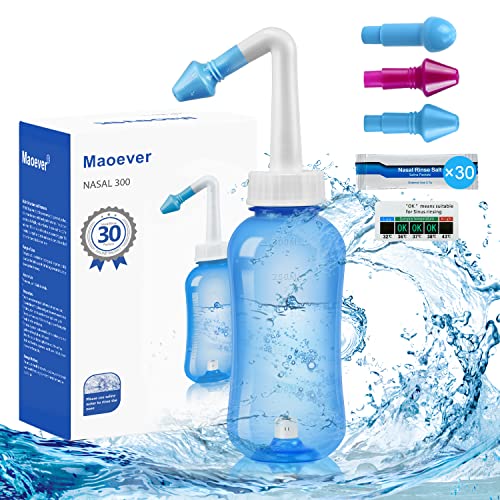Nasendusche Set, Nasenspülkanne zur Nasenreinigung und Nasenspülung，BPA-frei, 300 ml, mit 30 Nasenwasch-Salzpaketen und Aufkleberthermometer(Blau)