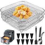 Luftfritteusen Regal, 3 Lagig Stapelbares Edelstahl Quadrat Air Fryer Racks Heißluftfritteuse Zubehör mit 8 Silikonfüßen 1 Pinzette und 1 Bürste für die meisten 5,5 bis 8 L Heißluftfritteusen