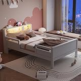 KUAKE Kinderbett Holzbett 90x200, Multifunktionsbett mit USB Typ-C Steckdose&LED-Leuchte&Stauraum-Kopfteil, Bett Einzelbett Jugendbett Bettgestell mit Rausfallschutz,Kiefernholz,Ohne Matratze (Weiß)