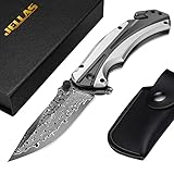 Jellas Damast Klappmesser, Taschenmesser mit Olivenholzgriff, 3-in-1 Outdoor Messer mit Glasbrecher und Gurtschneider für Camping, Jagd, Angeln, Wandern, mit Holzgriff & Lederscheide & Geschenkbox