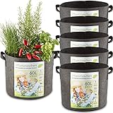 Premium 30 L oder 60 L Pflanztaschen aus dickem Vlies – Pflanzsäcke perfekt für Blumen, Tomaten, Kartoffeln und Co – mit stabilen Tragegriffen – Perfekt für Garten & Balkon (6 Stück x 60 Liter)