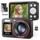 4K Digitalkamera 64MP FHD Fotokamera für Kinder Fotokamera Kompaktkamera 18X Digitalzoom Fotoapparat mit Zwei Bildschirme, 64G SD Karte für Kinder Teenager Anfänger, Schwarz