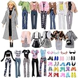 30 Kleidung Kompatibel mit Barbie Puppen, 1 Tausend Vogel Karo Mantel 2 Wintermäntel 4Oberteile 1Pullover 2 Röcke 3 Hosen 1 Hut 2 Brillen 4 Sneakers 10High Heels, für 11,5 Zoll Mädchen Puppen Zufällig