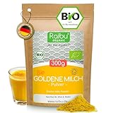 Goldene Milch Pulver BIO - 300g Golden Milk mit Kurkuma - Ashwagandha Kurkuma Latte Mix mit Zimt, Ingwer - Ayurveda Geschenke - Raibu Naturprodukte