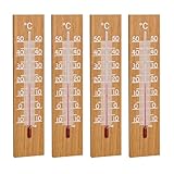 TFA Dostmann 4er Set Thermometer Innen Außen analog, 95.1035, Gartenthermometer, wetterfest, aus geölter Eiche, Innen- oder Außentemperatur überwachen, hohe Genauigkeit, Wandthermometer, Holz, braun