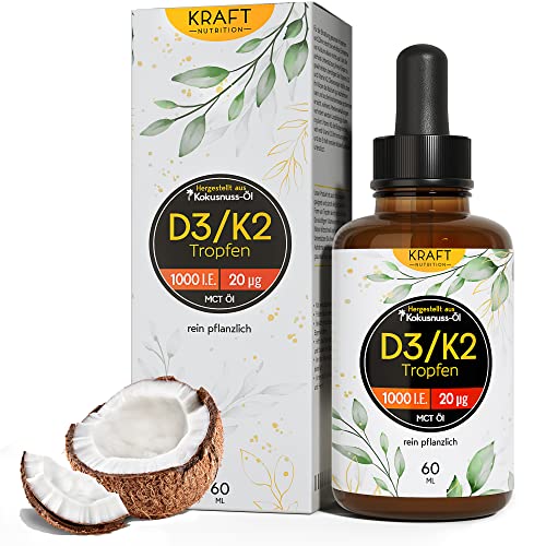 Natural Vitamin D3 K2 Tropfen von Kraft Nutrition - Vegan Freundlich Vitamin D3 Tropfen 1000 IE und Premium 99,7+% All-Trans Vitamin K2 (MK7) - 1 Stück (60ml) D3 K2 Tropfen Hochdosiert aus MCT-Öl
