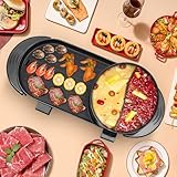 2-in-1 Raclette-Grill und Fondue Elektrischer Grill mit Kochtopf 2200W mit unabhängiger Temperaturregelung Antihaft-Beschichtung Rauchfreier Elektrischer Grillplatte für 6-8 Personen