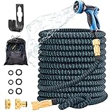 Flexible Gartenschlauch 30M/100FT, UURig Ausdehnbar Wasserschlauch Set mit 1/2'' 3/4'' Messing Anschluss, 10 Modi Hochdruck Handdüse für Gartenarbeit Bewässerung Autowäsche Haustier, Blau Schwarz…