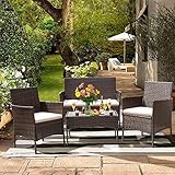 JINPALAY Balkonmöbel Rattan Gartenmöbel Set Sitzgruppe Lounge-Set Terrassenmöbel für 4 Personen Sofa, Singlestühle, Tisch und Sitzkissen