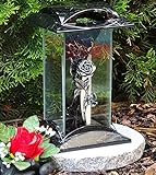 Grablampe Grablaterne Rose Silber 28,0cm incl. Grabkerze Grabschmuck Grablicht Grableuchte Lampe Laterne Licht Kerze Trauer Friedhof Garten Grabdekoration