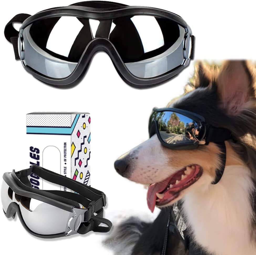Hundebrille,Hunde Sonnenbrille Anti-UV,Einstellbar Kopfumfang Wasserdicht Sonnenbrille für Haustiere Winddicht Sonnensicher Staubdichte Riemen für mittelgroße und große Hunde（Silber-Grau）