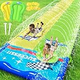 JONRRYIN Wasserrutsche, 600cm * 140cm Aufblasbare Wasserrutsche mit 2 Bodyboards, Doppelrutsche mit Eingebautem Sprinkler, Wasserspielzeug Kinder für Sommer Garten, Pool, Outdoor